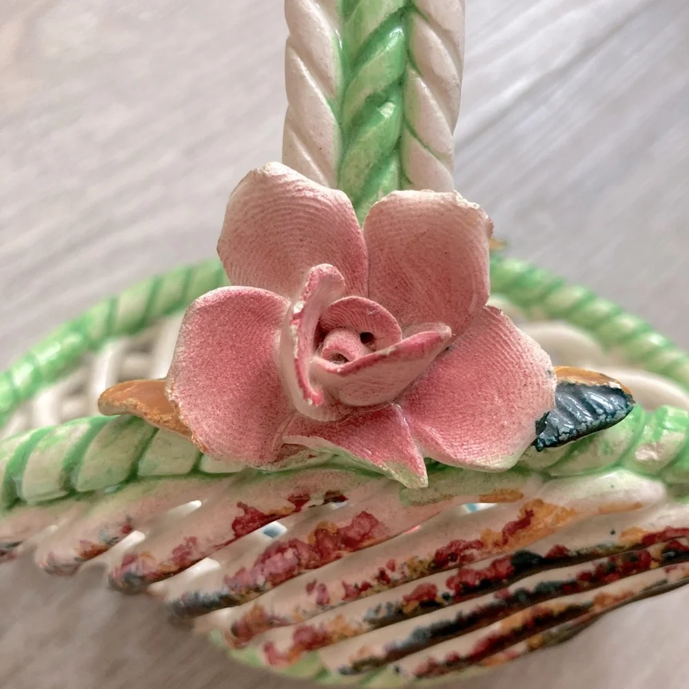 Porcelain Woven Basket Accent Decor Rose and Flowers Cottagecore Vintage Dainty